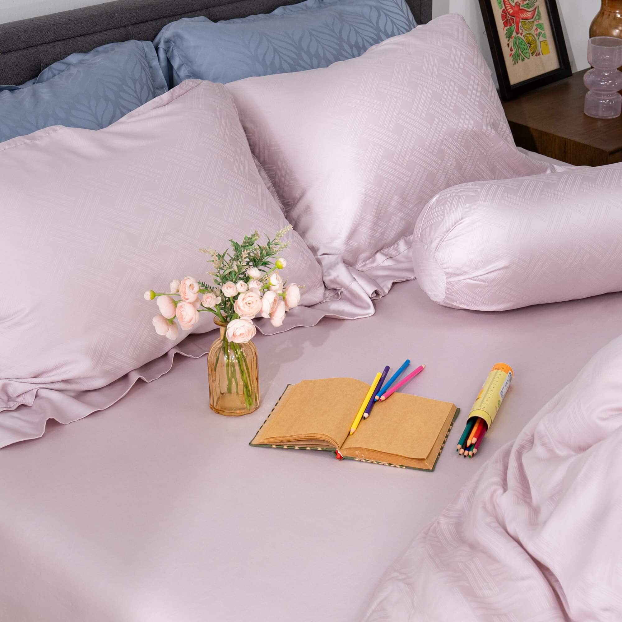 Bộ chăn ga lụa tencel Amando Lagom 5 chi tiết màu tím