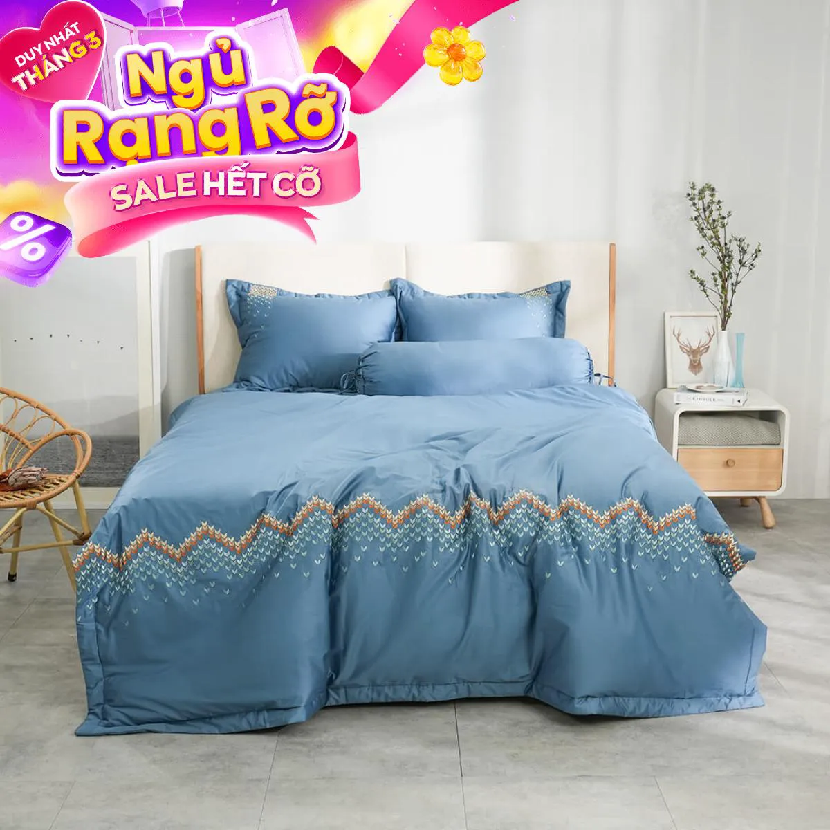 Bộ ga chun chăn chần Amando thêu cotton satin màu xanh