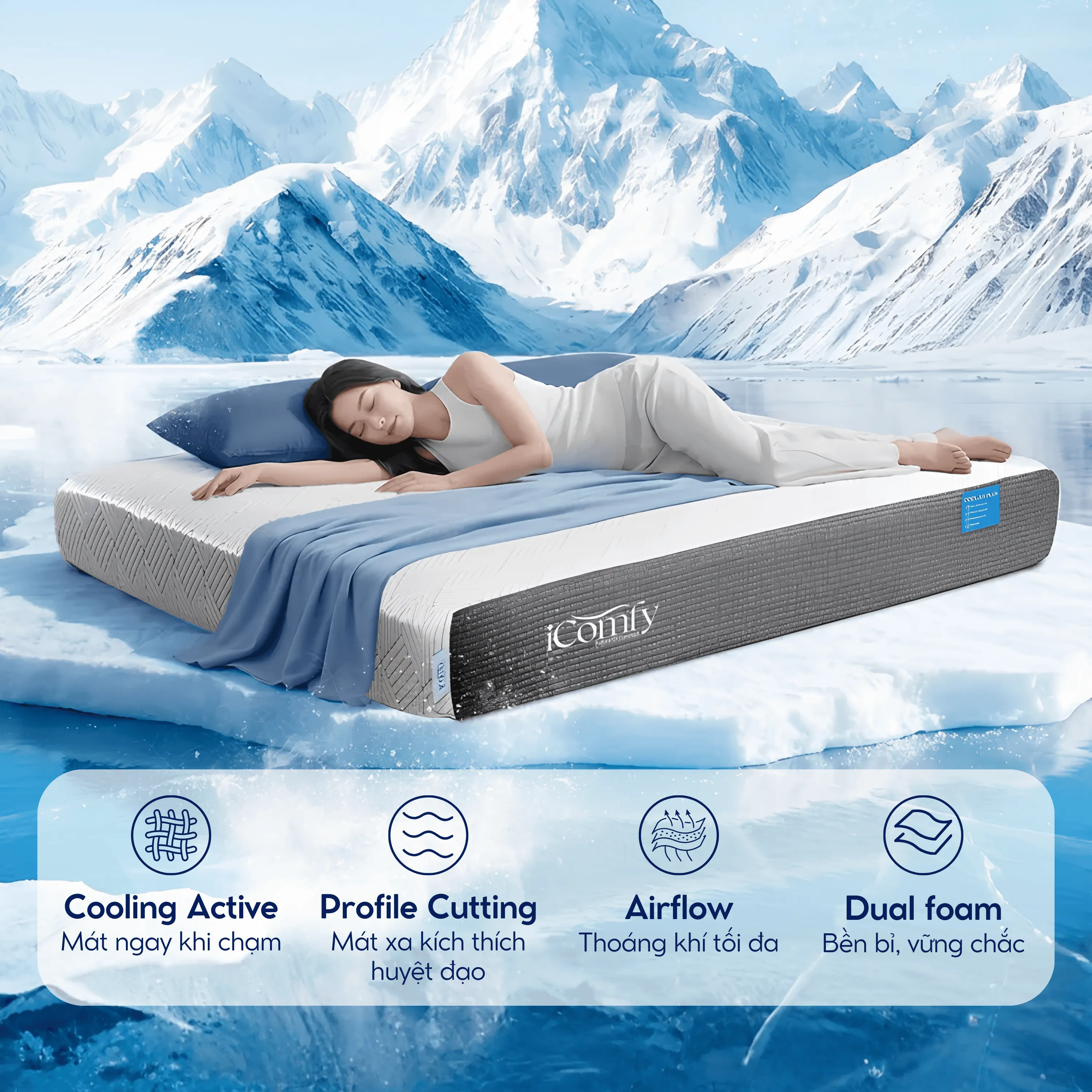 [BST Ngủ Mát] Nệm foam iComfy Coolax Plus Băng Lạnh Đa Tầng Dày 20cm