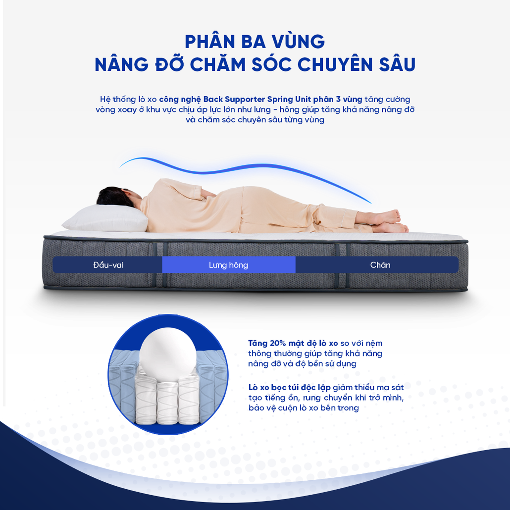 Hệ thống lò xo túi độc lập 3 phân vùng hỗ trợ nâng đỡ chuyên sâu