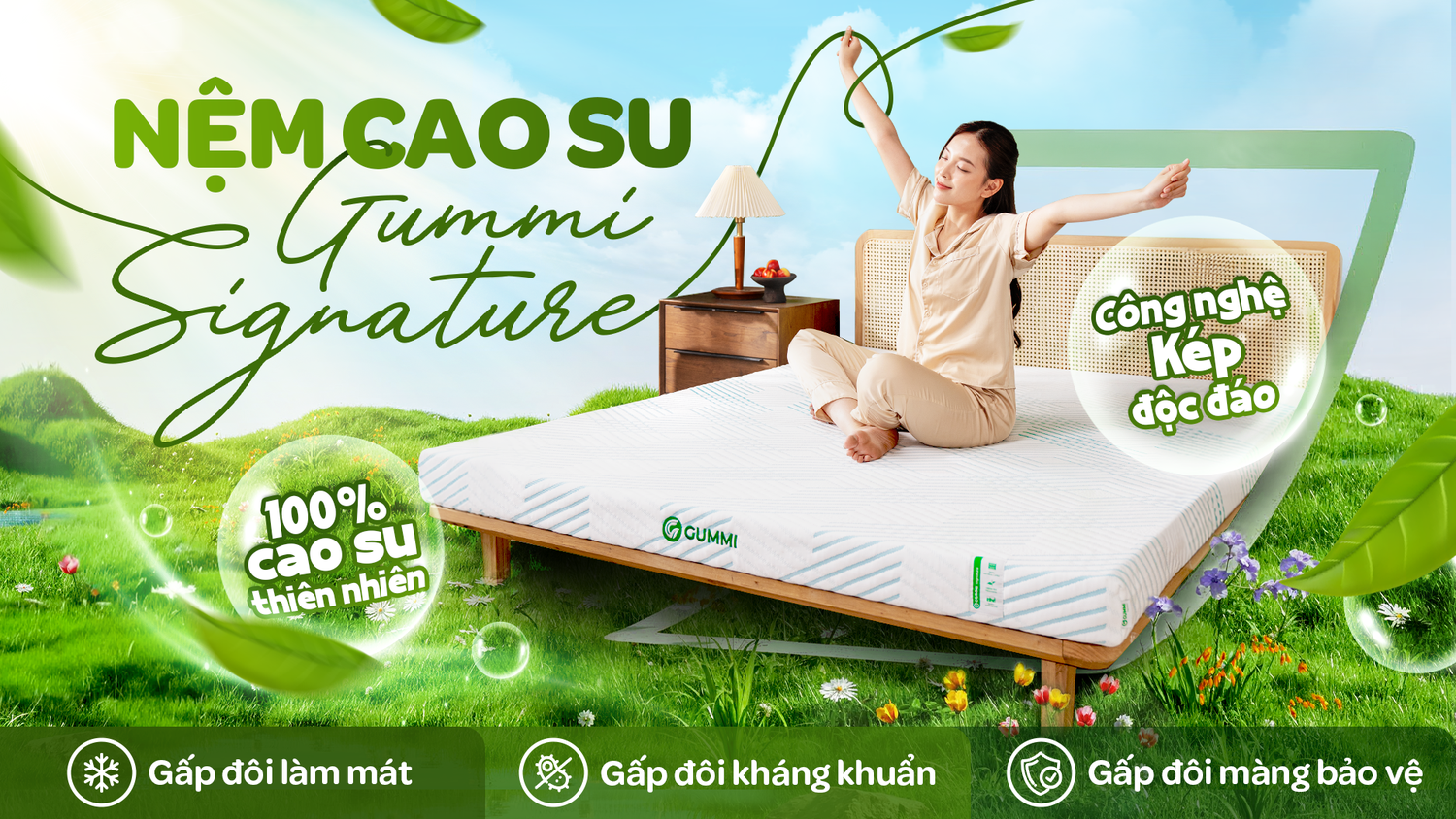 nệm cao su 100% thiên nhiên tinh chất trà xanh làm mát gummi signature