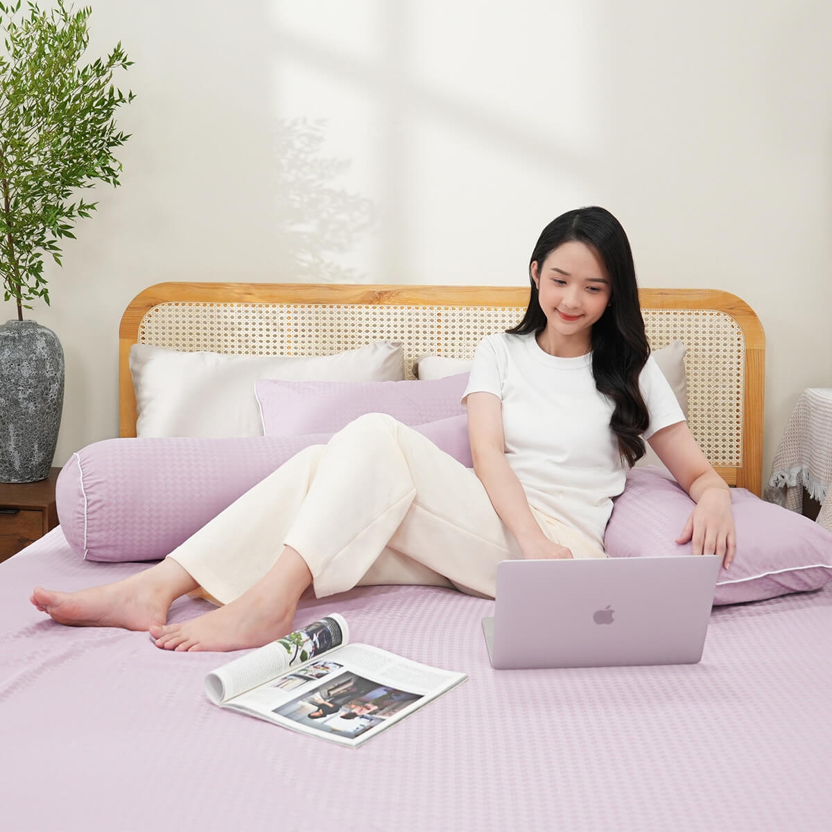 Bộ ga chun polyester gấm Amando Ellie đơn sắc 4 chi tiết