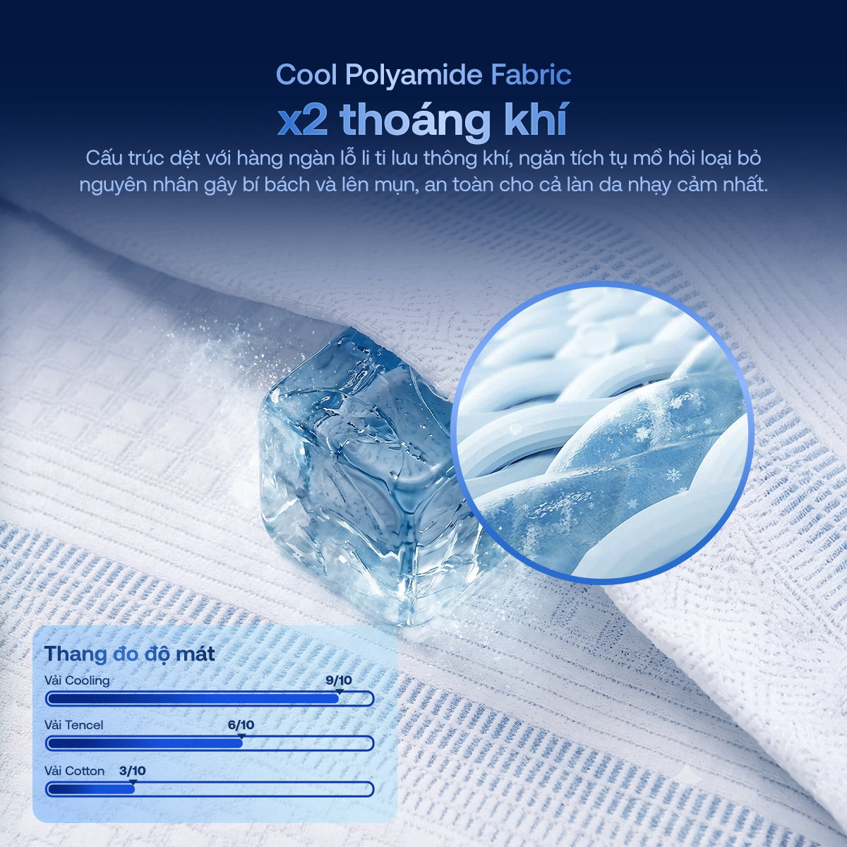 Vải Cool Polyamide hỗ trợ làm mát nệm Comfy Cloud 3.0