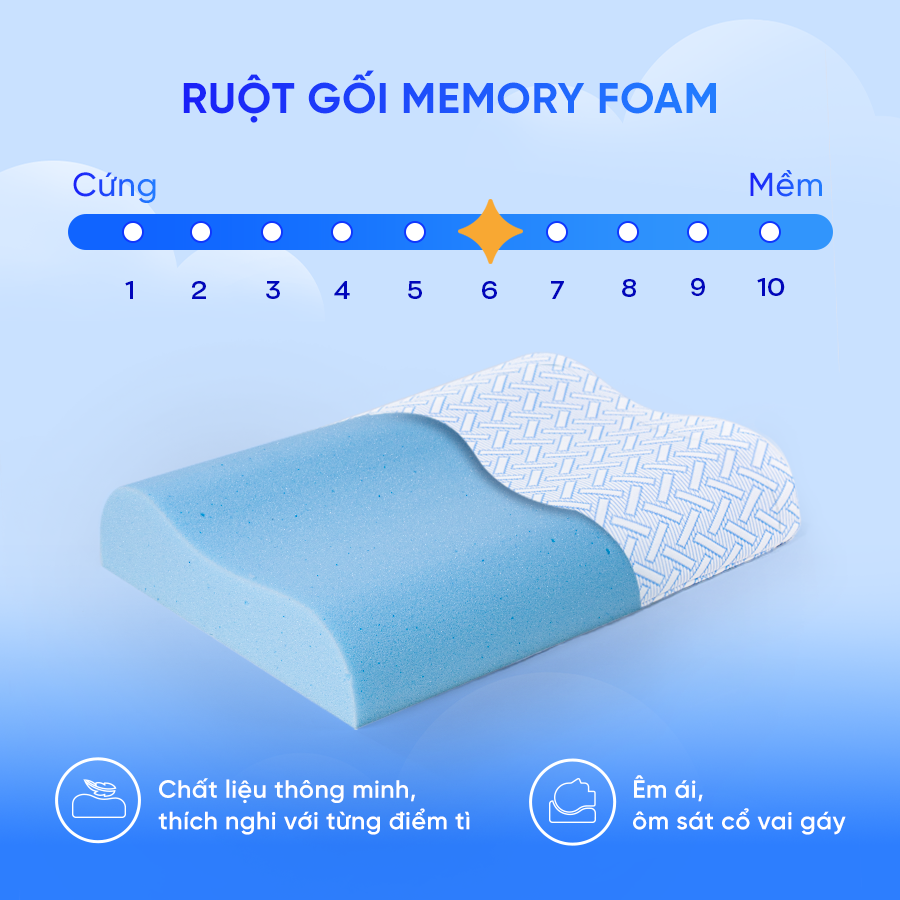 Gối memory foam công thái học Comfy Nami làm mát, ôm sát đường cong cổ vai gáy