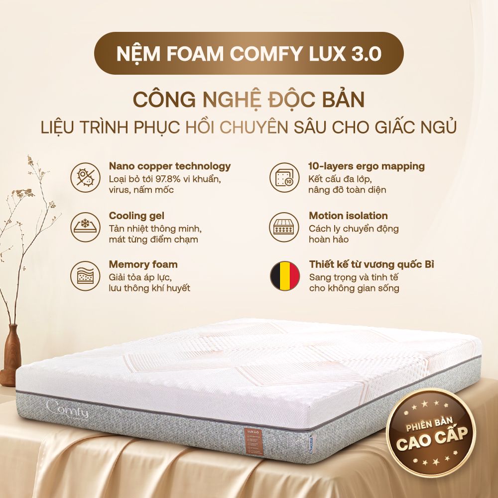 Nệm foam Comfy Lux 3.0 - Công nghệ Copper Infused, làm mát đa tầng và nâng đỡ 5 vùng