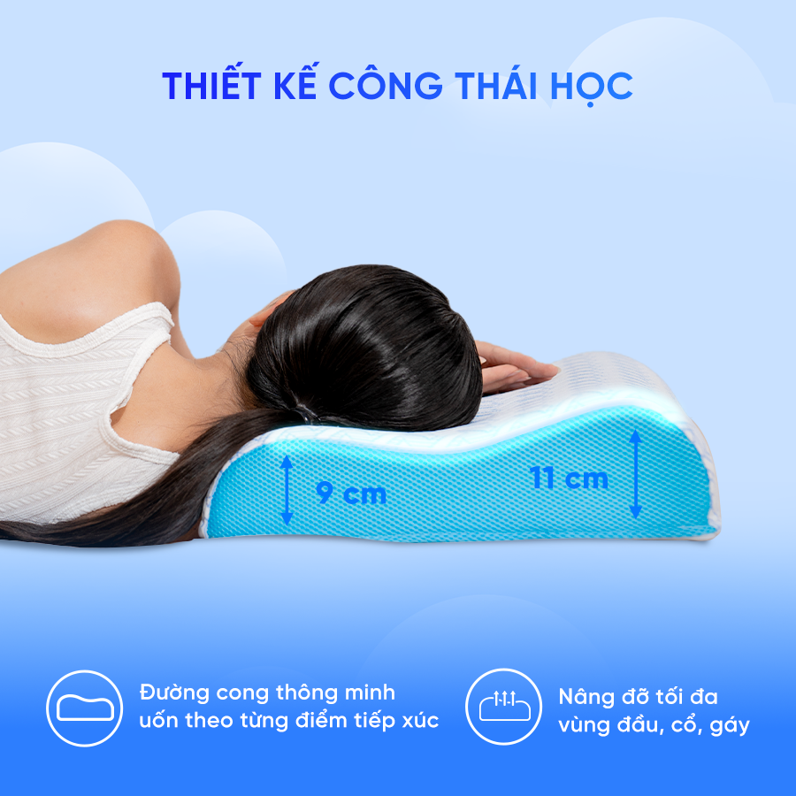 Gối memory foam công thái học Comfy Nami làm mát, ôm sát đường cong cổ vai gáy
