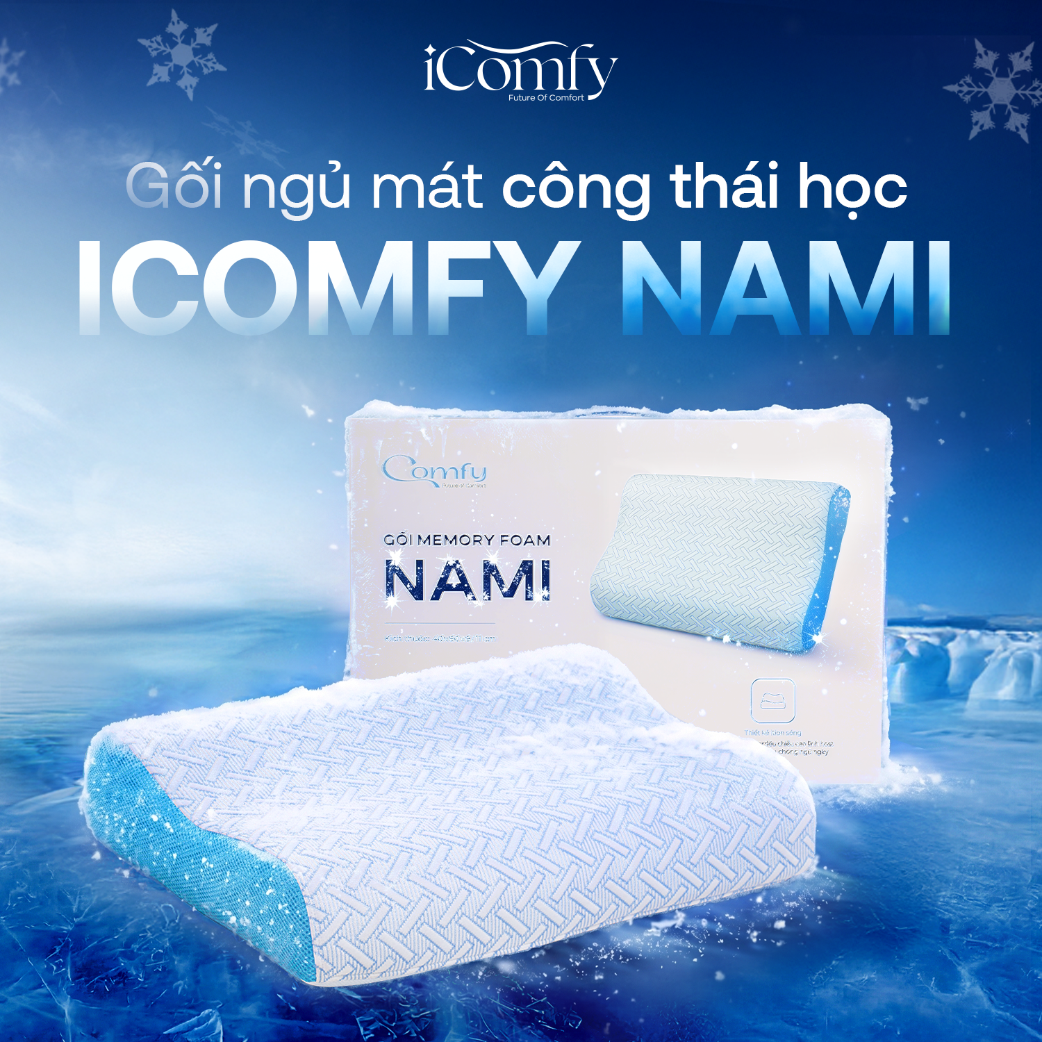 Gối memory foam công thái học Comfy Nami làm mát, ôm sát đường cong cổ vai gáy