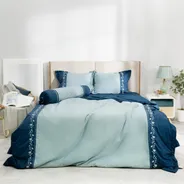 Bộ ga phủ chăn chần Amando thêu cotton satin màu xanh lá