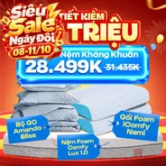 Combo Kháng khuẩn 1: 1 Đệm Lux 1.0 + 1 Bộ ga Bliss + 2 gối Foam Nami - tiết kiệm 2936K