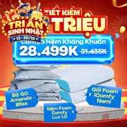 Combo Kháng khuẩn 1: 1 Đệm Lux 1.0 + 1 Bộ ga Bliss + 2 gối Foam Nami - tiết kiệm 2936K
