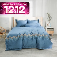 Bộ ga chun chăn chần Amando thêu cotton satin màu xanh