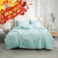 Bộ ga chun chăn chần Amando thêu cotton satin màu xanh lá