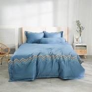 Bộ ga chun chăn chần Amando thêu cotton satin màu xanh