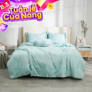 Bộ ga chun chăn chần Amando thêu cotton satin màu xanh lá