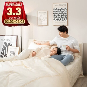 Bộ chăn ga lụa tencel cao cấp Amando Soulmate 7 chi tiết màu kem