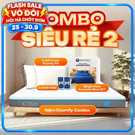 Combo Siêu rẻ 2: 1 Đệm Coolax + 1 bộ ga Rina + 2 gối Fit - tiết kiệm 1293K