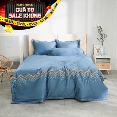Bộ ga chun chăn chần Amando thêu cotton satin màu xanh - Ảnh 2