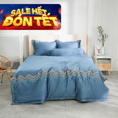 Bộ ga chun chăn chần Amando thêu cotton satin màu xanh - Ảnh 2