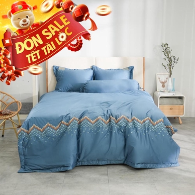 Bộ ga chun chăn chần Amando thêu cotton satin màu xanh - Ảnh 2