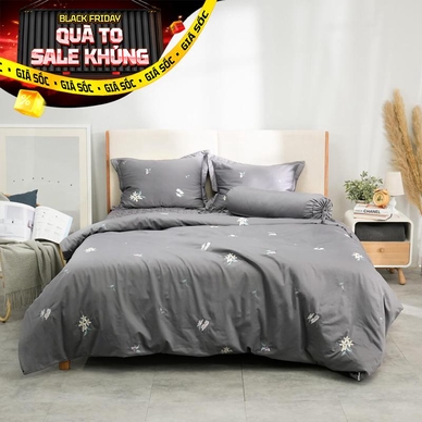Bộ ga chun chăn chần Amando thêu cotton satin màu xám - Ảnh 2