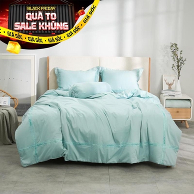 Bộ ga chun chăn chần Amando thêu cotton satin màu xanh lá - Ảnh 2