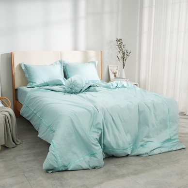 Bộ ga chun chăn chần Amando thêu cotton satin màu xanh lá - Ảnh 5