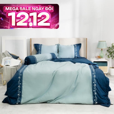 Bộ ga phủ chăn chần Amando thêu cotton satin màu xanh lá - Ảnh 2