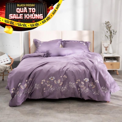 Bộ ga phủ chăn chần Amando thêu cotton satin màu tím - Ảnh 2