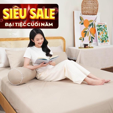 Bộ ga chun polyester gấm Amando Ellie đơn sắc 4 chi tiết Màu Be - Thumbnail