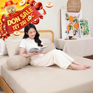 Bộ ga chun polyester gấm Amando Ellie đơn sắc 4 chi tiết Màu Be - Thumbnail