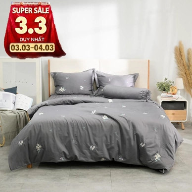 Bộ ga chun chăn chần Amando thêu cotton satin màu xám - Ảnh 2