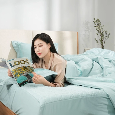 Bộ ga chun chăn chần Amando thêu cotton satin màu xanh lá - Ảnh 11