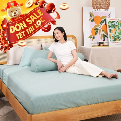 Bộ ga chun polyester gấm Amando Ellie đơn sắc 4 chi tiết Màu Xanh ngọc - Ảnh 2