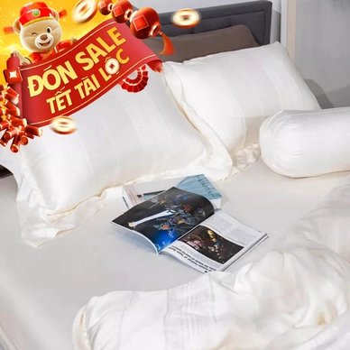 Bộ chăn ga lụa tencel cao cấp Amando Lagom 5 chi tiết màu kem/be - Thumbnail