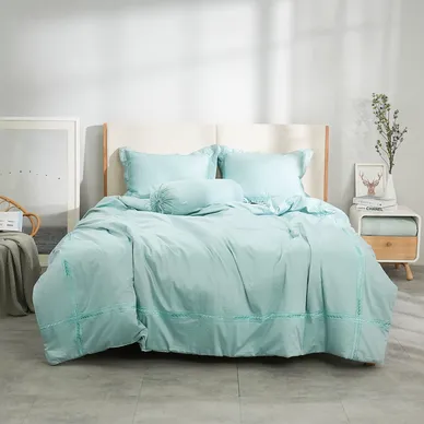 Bộ ga chun chăn chần Amando thêu cotton satin màu xanh lá - Ảnh 2