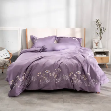 Bộ ga phủ chăn chần Amando thêu cotton satin màu tím - Ảnh 2