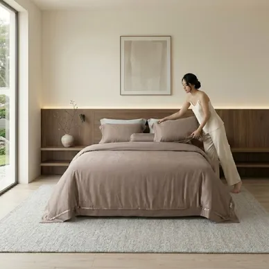 Bộ chăn ga Lụa tencel cao cấp Amando Lagom 5 chi tiết Màu Nâu - Ảnh 6