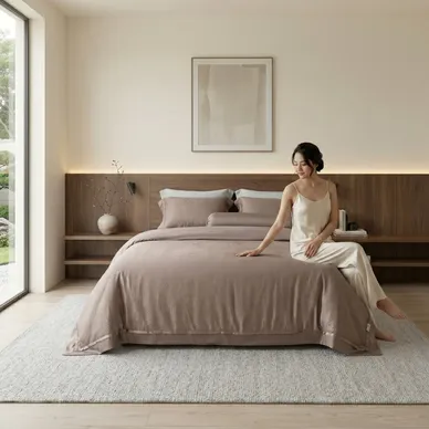 Bộ chăn ga Lụa tencel cao cấp Amando Lagom 5 chi tiết Màu Nâu - Ảnh 2