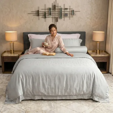 Bộ chăn ga Lụa tencel cao cấp Amando Lagom 5 chi tiết Màu Xám - Ảnh 4